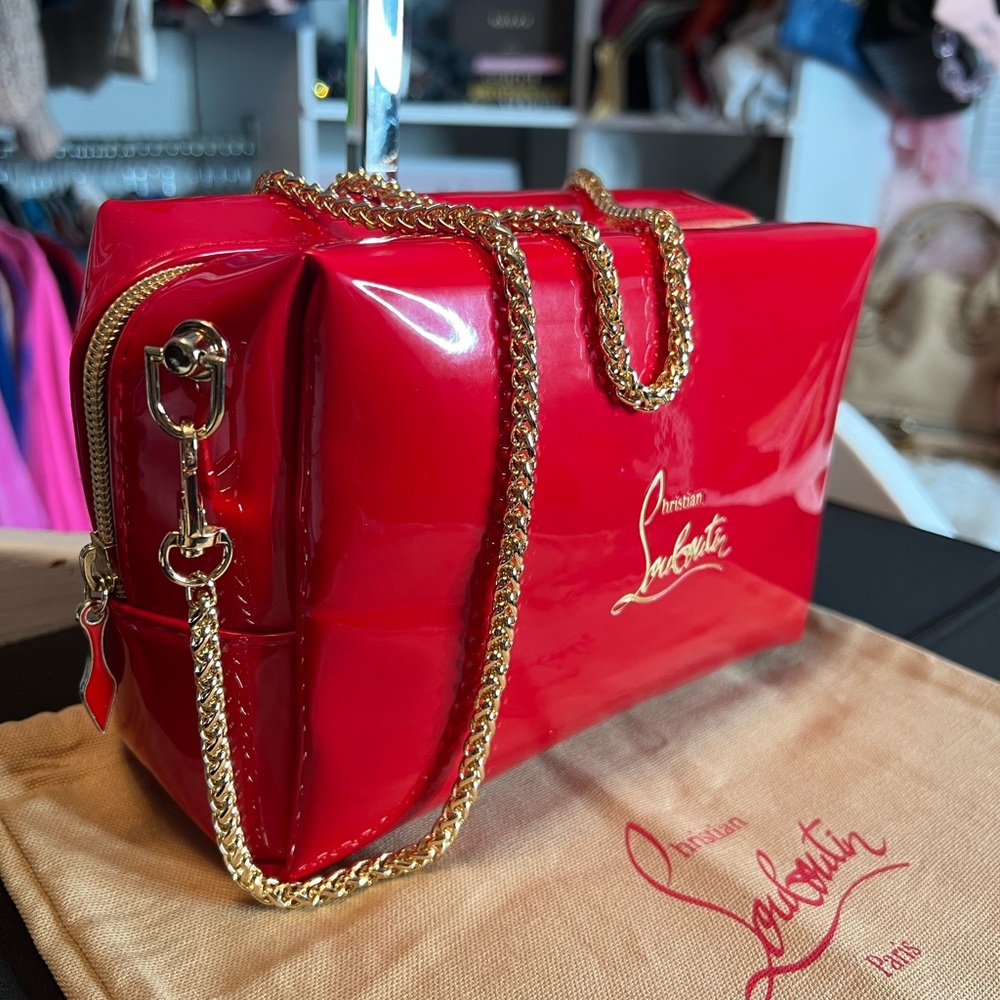 Christian Louboutin Glossy Red Clutch with Gold Chain